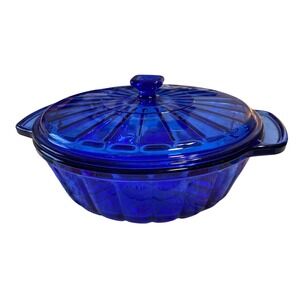 Anchor Hocking Cobalt Blue Glass Casserole Dish with Lid 2 Quart Ribbed Round